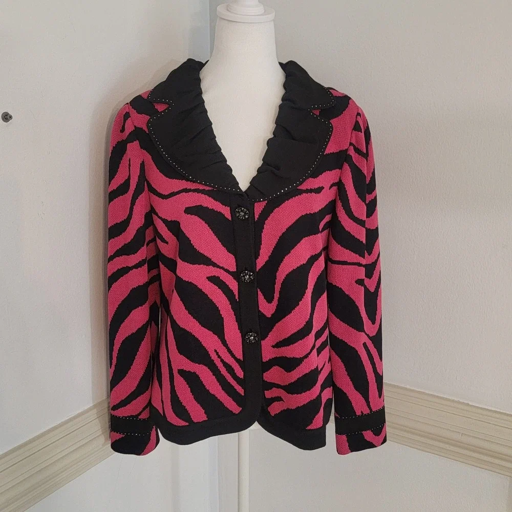 Toula Zebra Print Knit Blazer Jacket Ruffle Collar Embellished Buttons Womens 10